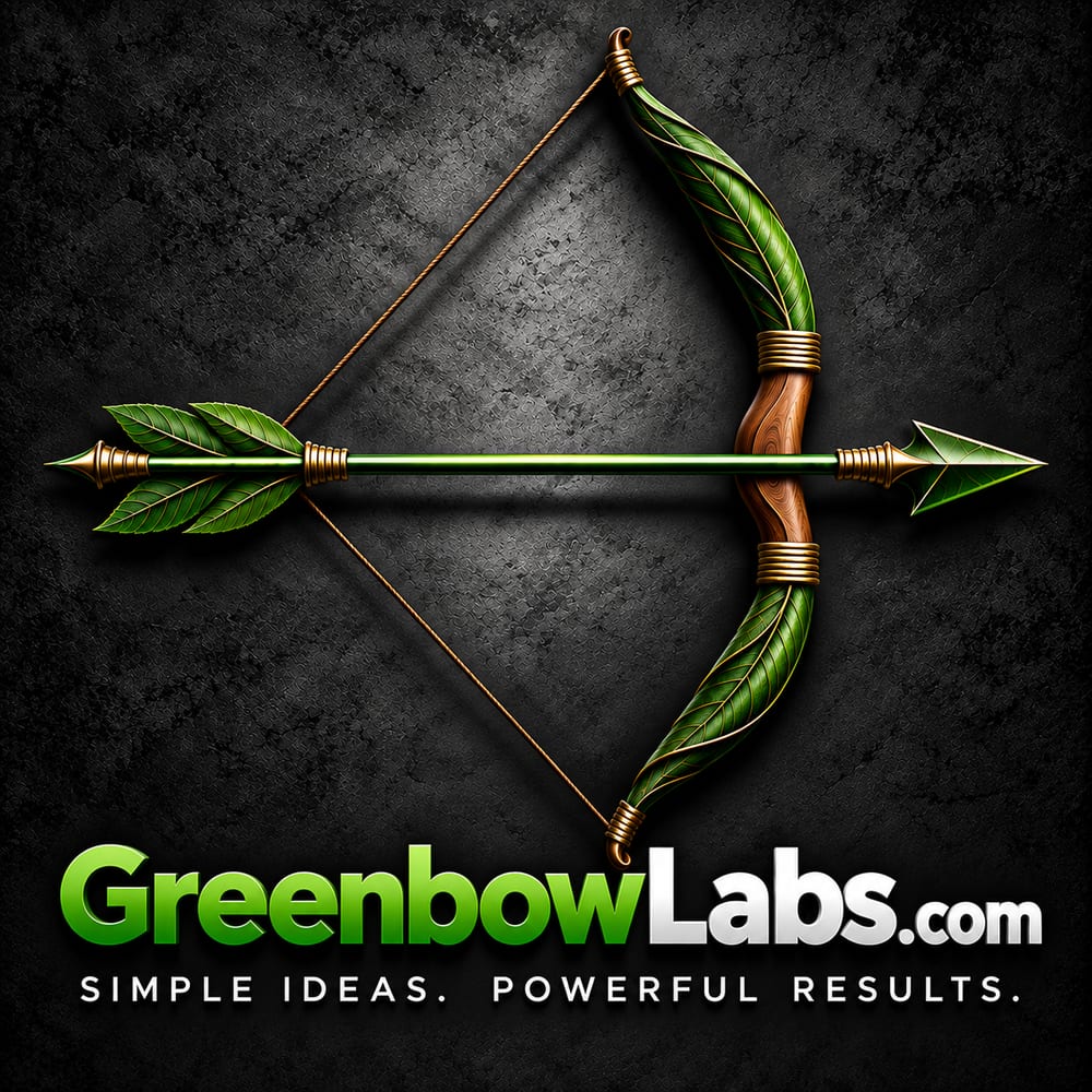 Greenbow Labs — a green leaf bow and arrow above GreenbowLabs.com and the tagline Simple ideas. Powerful results.